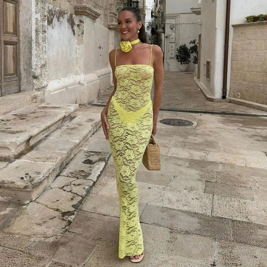 vmtvr  -  Yellow Lace Maxi Dress Women Fashion Spaghetti Strap Long Evening Party Dresses Sexy See Through Club Night Summer Dress