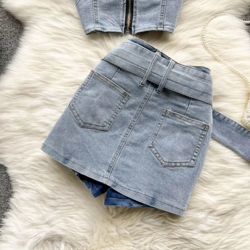 vmtvr  -  Denim Mini Skirt Suit Backless Hanging Neck Short Top Summer Denim Short Skirt Two Piece Sexy Streetwear Clubs Party Dresses New