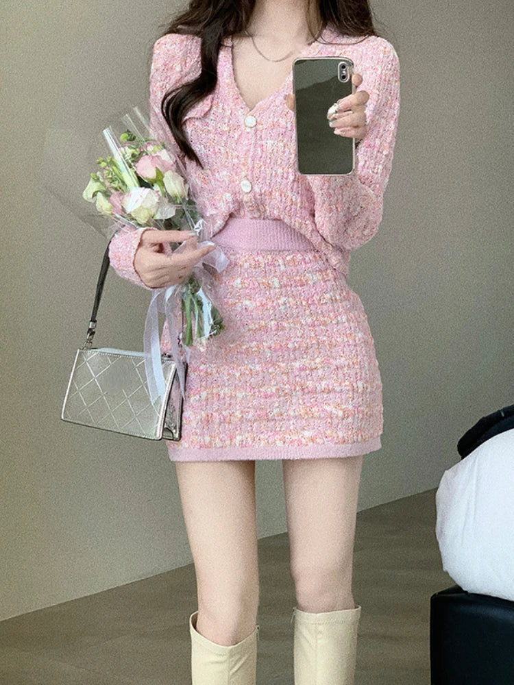 vmtvr Two Piece Dress Set Sweet Cardigan Sweater + Slim Skirt Pink Elegant Y2k Mini Dress Autumn Office Lady Casual Knitted Suits