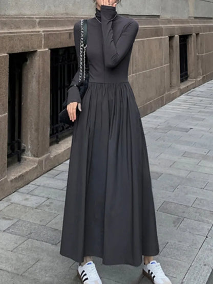 vmtvr New Fashion Casual A-Line Women Dresses Autumn Turtleneck Elegant Black Grey Midi Robe Chic Party Female Vestidos Mujers