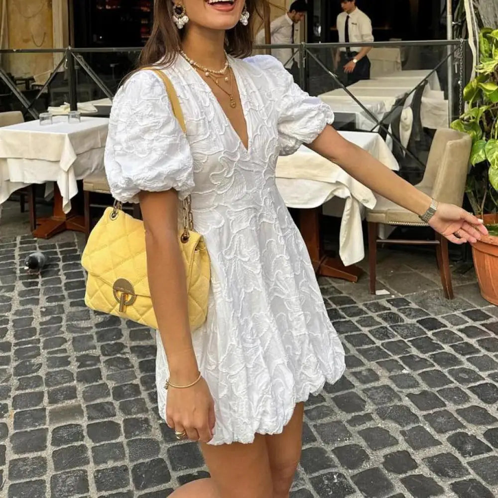 Solid Floral Embroidered Voluminous Mini Dress V-Neck Puff Sleeve White Tutu Mini Dress Woman Elegant Party Holiday Wear