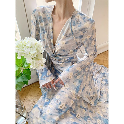 vmtvr French Vintage Elegant Floral Midi Dress Office Lady Beach Fashion Casual Slim Dress Women Even Party Dress Korean Summer