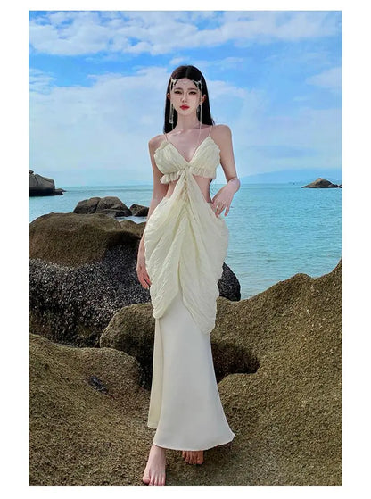 vmtvr Women Beige Sleeveless V Neck Hollowed Out Backless Pleated Slip Tops And High Waist Slim Mermaid Long Skirt Fashion Summer Suit