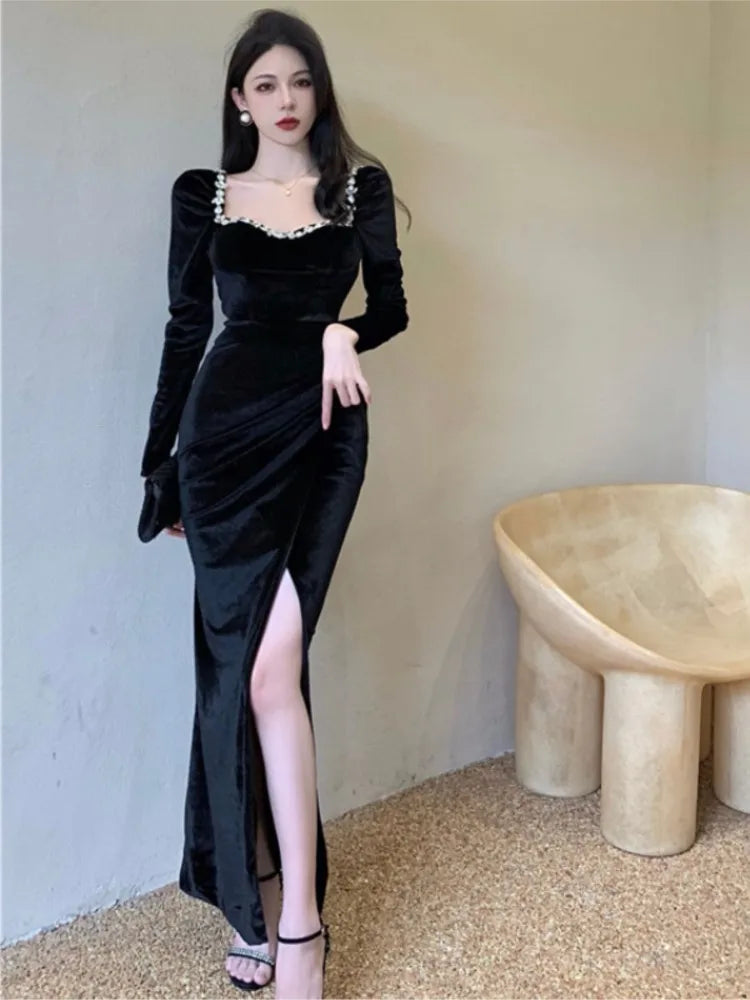 vmtvr  -  Bodycon Sexy Party Dresses Women Winter Black Evening Elegant Long Dress Ladies France Vintage Split Fishtail Vestidos Autumn