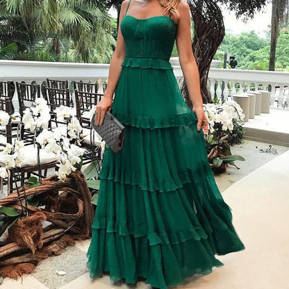 vmtvr Green Tulle Spaghetti Strap Womens Dress Elegant Party Evening Sleeveless Sexy Long Dresses Pleated Ruffles Maxi Summer Dress