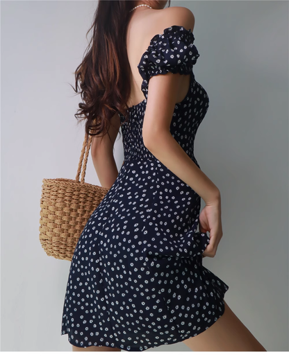 vmtvr- Retro Sexy Navy Blue Floral A-line Dress  GEU473