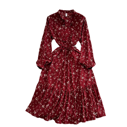 - Lantern long-sleeved stand-collar mid-length a-line ruffle floral dress GEU585