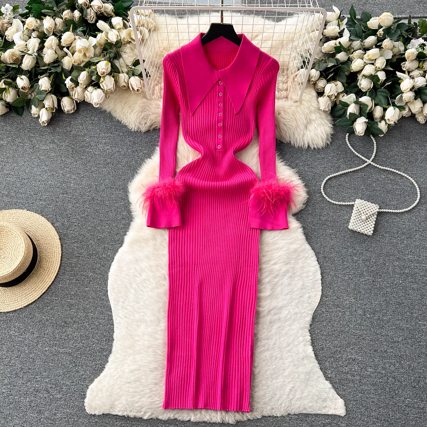 vmtvr- Women's autumn and winter lapel feather tight knitted dress GEU499