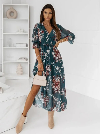 vmtvr  -  Chiffon Summer Dresses Women Elegant A-line Flower Office Spring Long Sleeve V-Neck Floral Maxi Dresses for Women Vestido