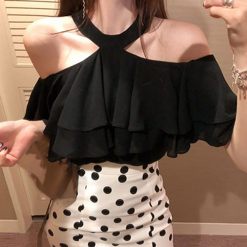 Off Shoulder Halter Sexy Chiffon Blouse Women  Korean Ruffles Summer Woman Shirt Short Sleeve Solid Loose White Black Tops