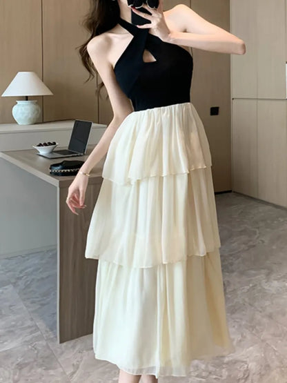 vmtvr Fashion New Sleeveless Casual Women Summer Dress Halter A-Line Patchwork Elegant Chic Party Birthday Robe Female Dresses Vestido