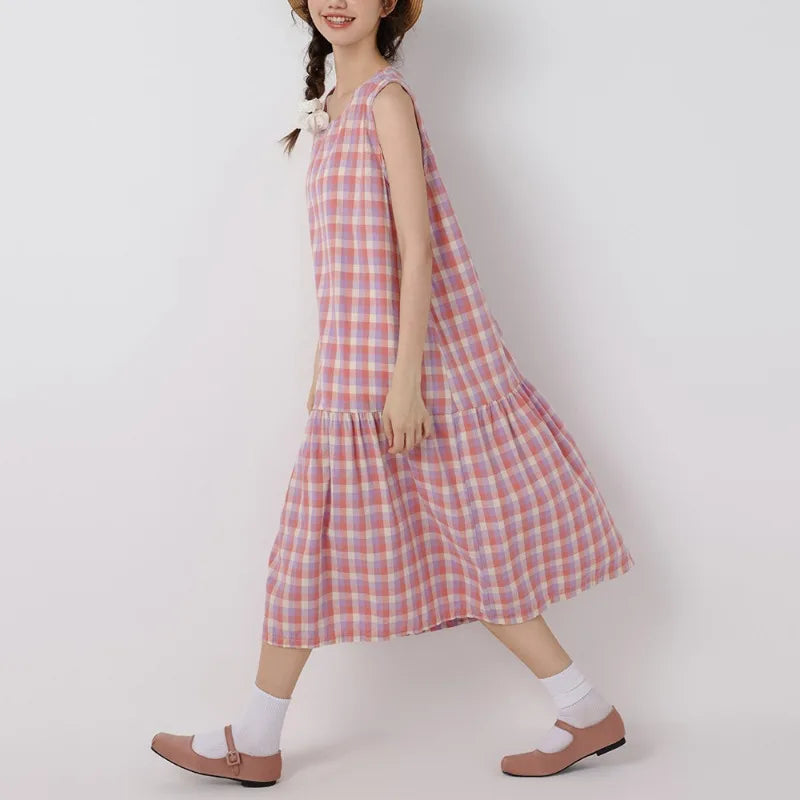 vmtvr  -  Original Plaid Sleeveless Cotton Linen Vest Dress Spring and Summer Women O-neck Mori Style Casual Loose OneSize Holiday Dress