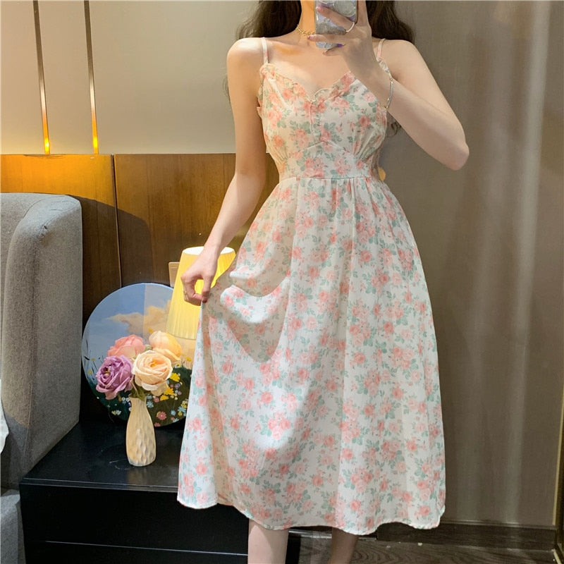 - French Floral Strap Midi Dress Women Vintage Elegant 2 Piece Dress Set Fashion Suits Casual Blouse Korean Clothing  Summer