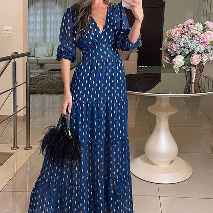 vmtvr Sexy V-neck High Waist Boho Maxi Dress Women Spring Polka Dot Print Elegant Long Dress New Summer Short Sleeve Loose Beach Dress