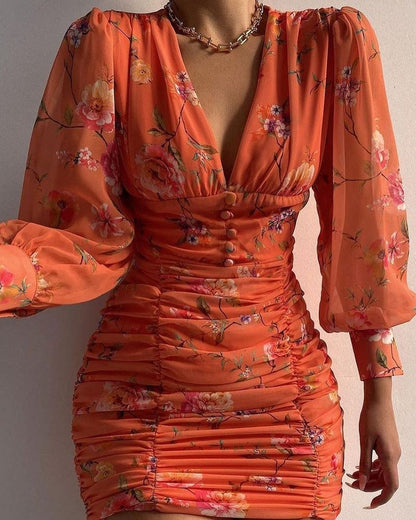 Y2K Sexy Puff Lantern Sleeve Plunge Floral Print Ruched Bodycon Party Mini Vestidos De Mujer Casual Dress Women Clothes Female