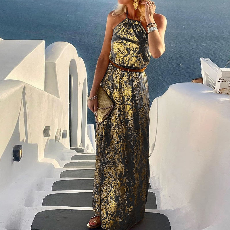 vmtvr - Beach Style Lady Casual Sleeveless Long Dress Streetwear Women Halter Backless Print Dress Loose Off Shoulder Summer Maxi Dress