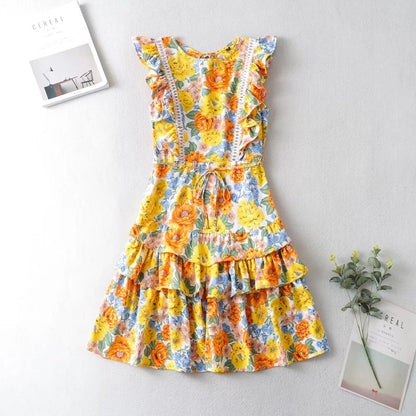 vmtvr - Happie Queens Women Floral Print O-neck Beach Bohemian Dresses Ruffles Button Cotton Sexy Mini Dress Vestidos