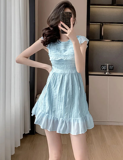 2024 New Summer Blue Chiffon Holiday Dress Fashion Sweet Women O Neck Short Sleeve Ruffles Fold Slim Waist Party Midi Clothes