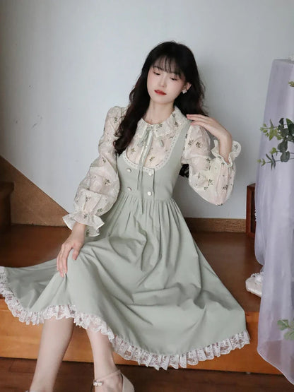 Green Elegant Vintage Strap Dress Women 2024 Spring Lace Evening Party Midi Dresses Ladies Retro Korean Sweet Kawaii Fairy Dress