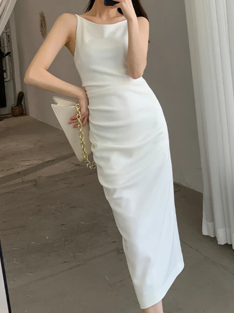 vmtvr Spaghetti Strap Elegant Midi Women Summer White Dress Sleeveless Sexy Slim Bodycon Party Vestidos Female Fashion Prom Clothes