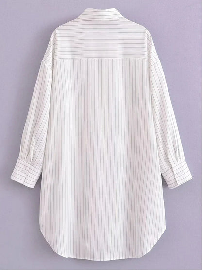 vmtvr  -  White Stripe Shirt Dress Women Autumn Spring Slit Casual Oversize Single Breasted Turn Down Collar Short Summer Dress