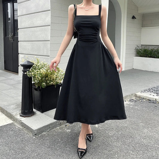 vmtvr Summer Elegant Casual A-Line Satin Midi Dress Women Sleeveless Vintage Party Birthday Vestidos Female Chic Solid Robe