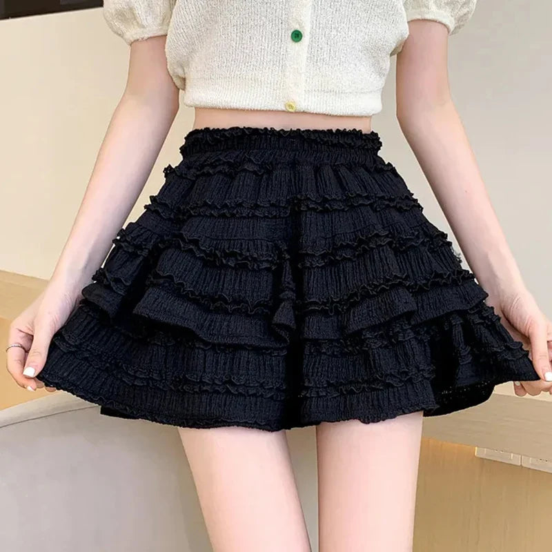 vmtvr Sweet Cute Lace Mini Skirt Women Kawaii White Ruffles Pleated Skirts Summer Korean High Waist Black Casual A Line Skirt