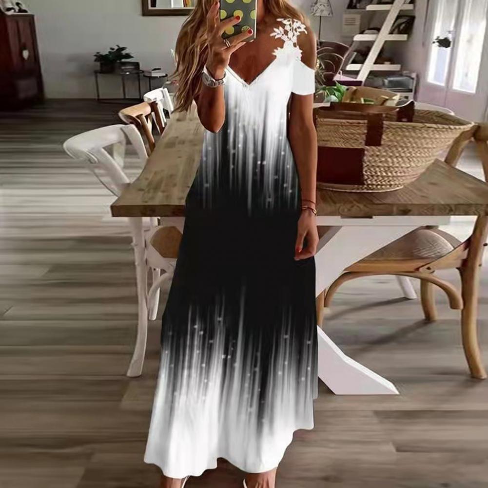 vmtvr Women Floral Print Maxi Dress Boho Lace Sling Hollow Out A Line Long Dress Ladies Casual Loose V-Neck Beach Party dress Vestidos