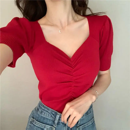 vmtvr Summer Women Solid Slim Knitted T-shirt Versatile Fashion Short Tees Female Korean Clothing V-neck Short Sleeve Casual Sexy Tops