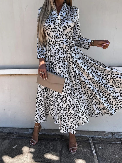 Women Casual Loose Commuter Dresses Spring Long Sleeve Vintage Print Boho Maxi Dress Fashion Lapel Chic Lace Up Party Dress