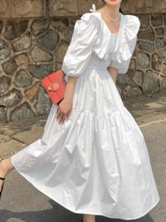 vmtvr Woman Backless White Casual Dresses Summer Chic Ruffles A-line Beach Vestidos Korean One-piece Short Sleeve Clothing