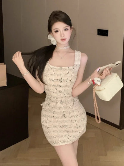 vmtvr  -  High Quality Korean Sweet Small Fragrant Tweed Dresses For Women French Fashion Summer Dress Hotsweet Sexy Tank Party Dress