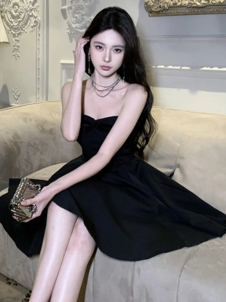 vmtvr New Summer Elegant Strapless Short Dress Women High Waist A-line Korean Chic Evening Party Dresses Prom Black One Piece Vestido