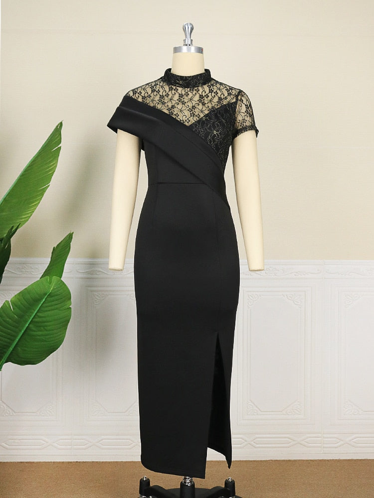 vmtvr - Black Long Prom Dresses High Neck Lace Patchwork Bodycon Women Evening Cocktail Club Party African Gowns Sexy Slit Outfits 2022