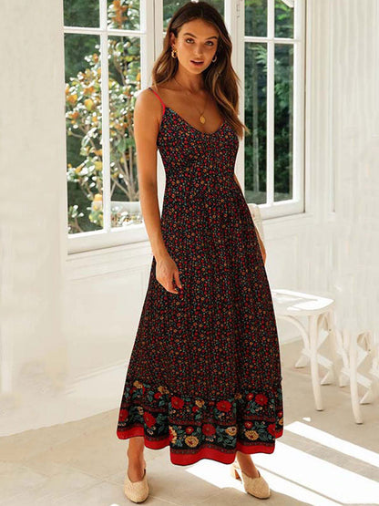 vmtvr -  Summer Maxi Boho Dress Women Elegant Floral Dress Ladies Flower Spaghetti Strap Holiday Bohemian Party Dress For Women