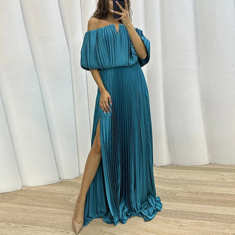 vmtvr Spring Strapless Folds Pleated Long Maxi Dress Women Off Shoulder High Waist Split Party Dress Summer Backless Hollow Boho Dress