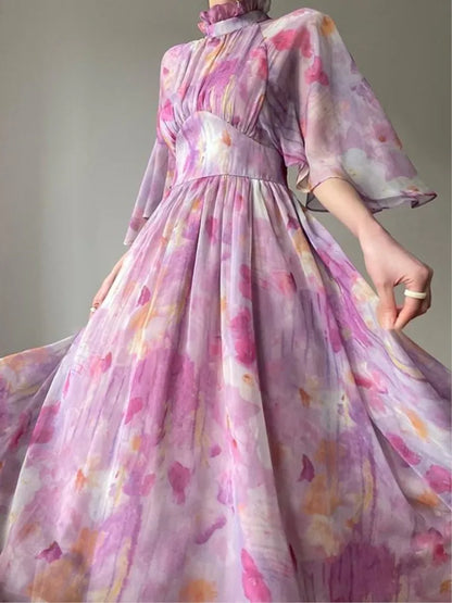 vmtvr Elegant Dresses for Women Summer New Chiffon Print Slim Stand Collar Half Sleeve High Waist Ruched Female Prom Robe Vestido 2024