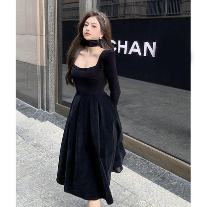 vmtvr Velvet Elegant Evening Party Midi Dresses Ladies Black France Vintage Dress Women New Winter Korean One-piece Dress Autumn