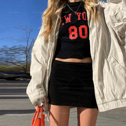 -Fall Outfits -Fall Outfits Long Sleeve Top Long Sleeve Shirt Women Sexy Cropped Letter Graphics Tops  Spring Black Goth Grunge Skinny Slim Basic Top Woman T Shirts EMO