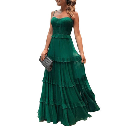 vmtvr Green Tulle Spaghetti Strap Womens Dress Elegant Party Evening Sleeveless Sexy Long Dresses Pleated Ruffles Maxi Summer Dress