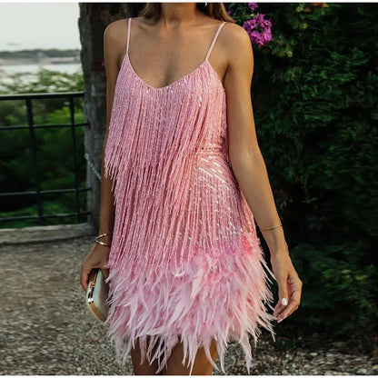 vmtvr  - New Sexy Tassel Sequins Feather Mini Dress Women Spaghetti Strap Stitching Dresses Female Elegant Evening Party Club Dress