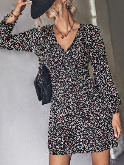 Long Sleeve Ruffle Dress Women Floral Print Mini Sundress Spring V Neck Boho Dresses Ladies Casual Beach A-line Dress Vestidos