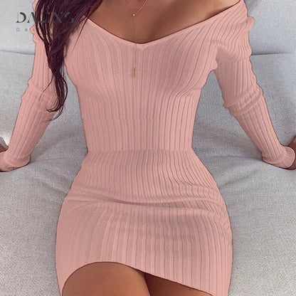 Sexy Club Off Shoulder Long Sleeve Bodycon Dress For Women Winter White Knitted Sweater Mini Woman Dresses Robe Femme