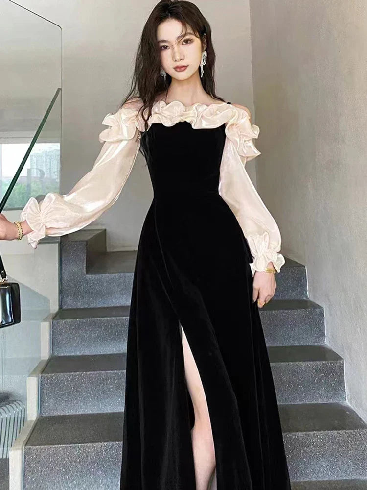 vmtvr  -  Women Red Velvet Luxury Dresses with Long Sleeves Autumn Winter Elegant Chic Wedding Dress Korean Vintage Festival Dresses