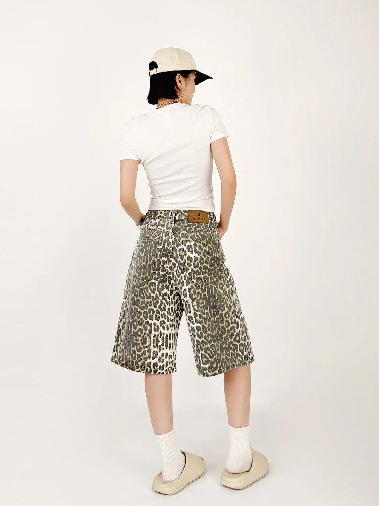 vmtvr 2024 New Summer American Retro Leopard Pattern Jeans Women's Shorts Loose Versatile Straight Leg Denim Pants