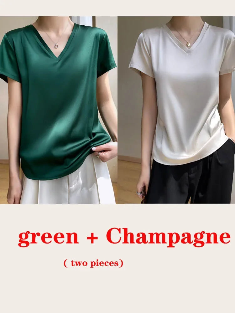 vmtvr Summer Women's T-shirt Korean Fashion Satin V-neck Tees Short-sleeved Casual LOOSE Solid Champagne White Silk T-shirts Women