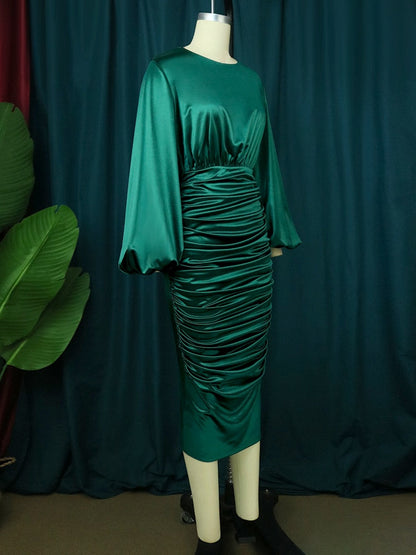 vmtvr Long Sleeve Green Dresses Bodycon Elastic Satin Smocked Midi Dress Elegant Big Size Shiny Evening Christmas Party Church Outfits