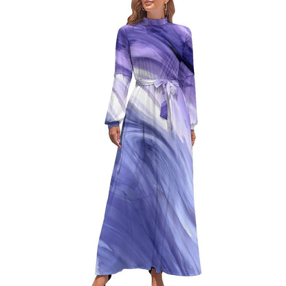 Marble Print Dress Watercolor Flow Abstract Aesthetic Bohemia Dresses Female Long Sleeve High Neck Sexy Long Maxi Dress