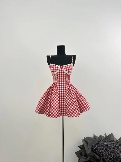 vmtvr  -  Summer French Prom Gown Ballet Core Mini Plaid Dress Women Gyaru Coquette 2000s Aesthetic Evening Frocks Party Fairy One-Piece