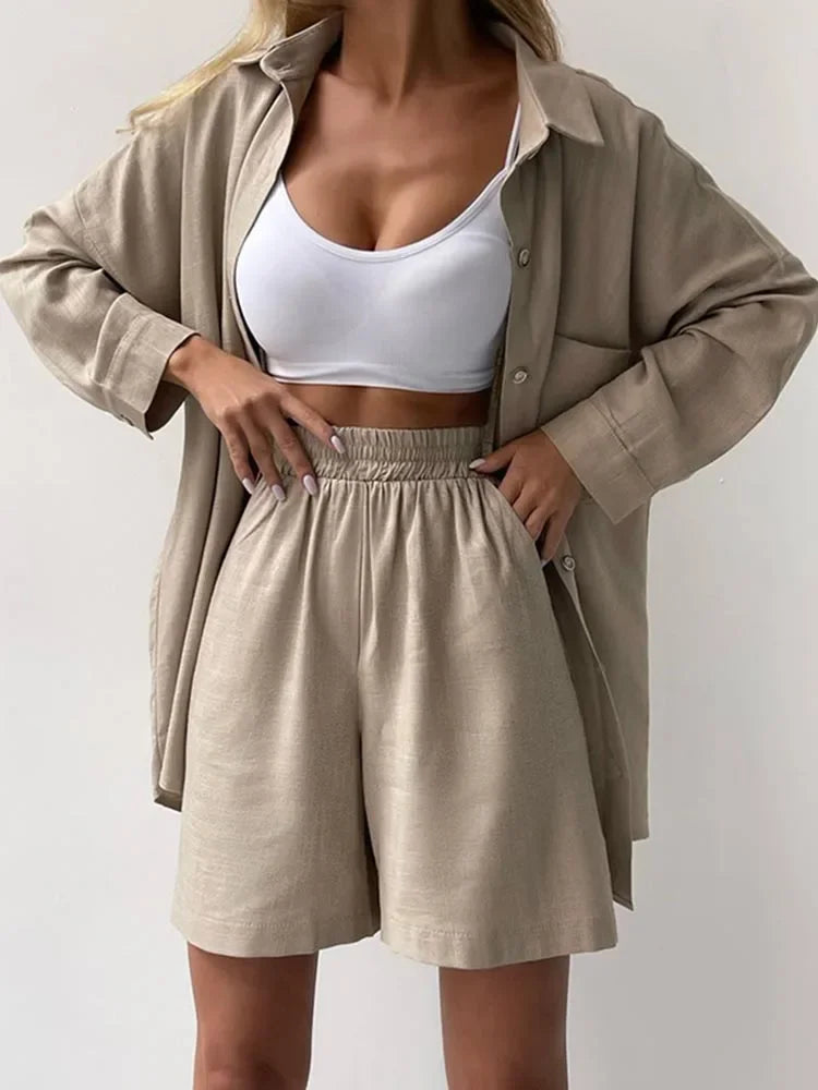 vmtvr Summer Women's Suit Shirt and Short Sets Solid Color Casual Cotton and Linen Blouse and Shorts Two Piece Sets Women Outfit 2024